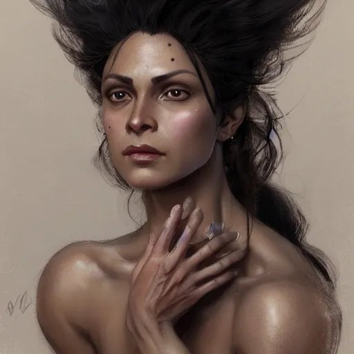 Image similar to beautiful, very strong, mixed race, female, aged 4 0, face, no makeup, head shot, fantasy, highly detailed, digital painting, artstation, concept art, smooth, sharp focus, illustration, art by brom and greg rutkowski and alphonse mucha