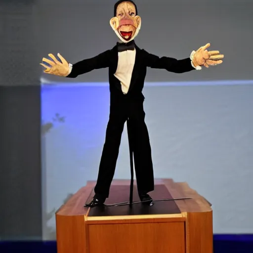 Image similar to crazy puppeteer using marionette of a president in a podium