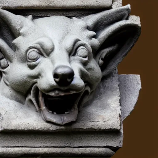 Prompt: gargoyle with the head of a corgi made of stone, uncropped, photography