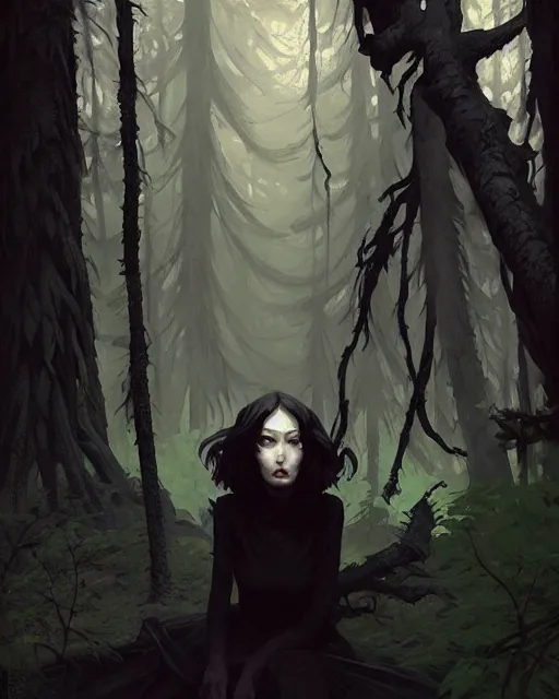 Prompt: stylized portrait of an artistic pose, composition, old ugly horror witch forest dark surrounded by nature, realistic shaded, fine details, realistic shaded lighting poster by ilya kuvshinov, magali villeneuve, artgerm, jeremy lipkin and michael garmash and rob rey