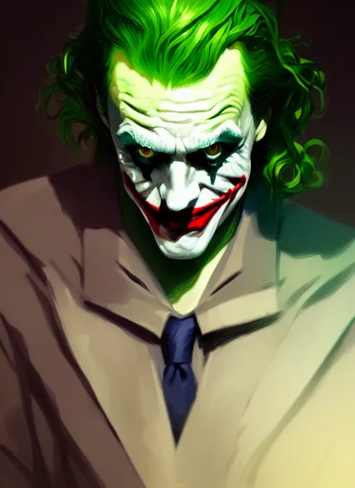 Image similar to portrait of the joker, green hair, intricate, elegant, glowing lights, highly detailed, digital painting, artstation, concept art, sharp focus, illustration, art by wlop, mars ravelo and greg rutkowski