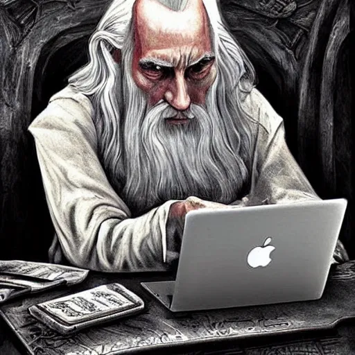 Prompt: Saruman writing code on a apple macbook, fantasy art, detailed, Lord of the rings, trending