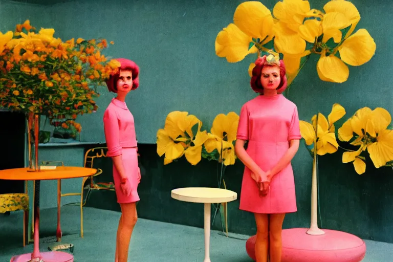 Image similar to giant flower head, girl standing in 1 9 6 0 s hotel, surreal photography, symmetry, mid century, liminal space, bright colours, wes anderson