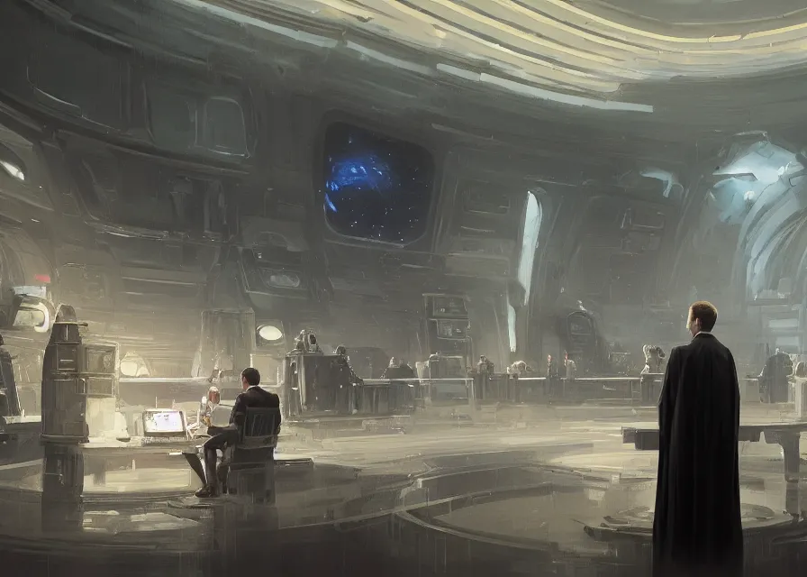 Prompt: painting of Emmanuel Macron dressed as a senator in Star Wars, inside the galactic senate, sharp focus, trending on ArtStation, masterpiece, by Greg Rutkowski, by Ross Tran, by Fenghua Zhong, octane, clear eyes, soft render, oil on canvas, moody lighting, cinematic, professional environment concept art