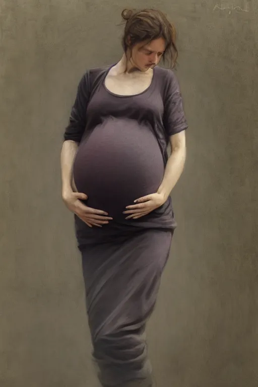 Image similar to pregnant woman in t-shirt by Alyssa Monks, Bouguereau. full-shot, urban dystopia, hyper realism, realistic proportions, dramatic lighting, high detail 4k