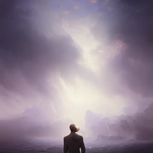 Image similar to cinematic shot epic portrait an fancy man in a suit with long flowing hair, sweaty skin, broad light, ambient occlusion, volumetric light effect, made by ivan aivazovsky, peter mohrbacher, greg rutkowski, matte painting, trending on artstation, 4 k, perfectly defined features, digital painting, cinematic, epic, highly detailed,