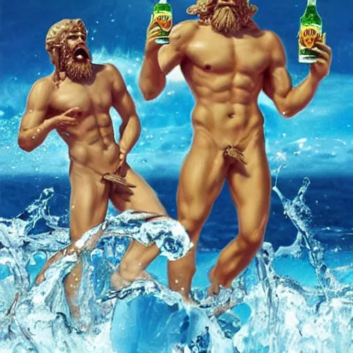 Image similar to poseidon cracking open a cold one with the boys