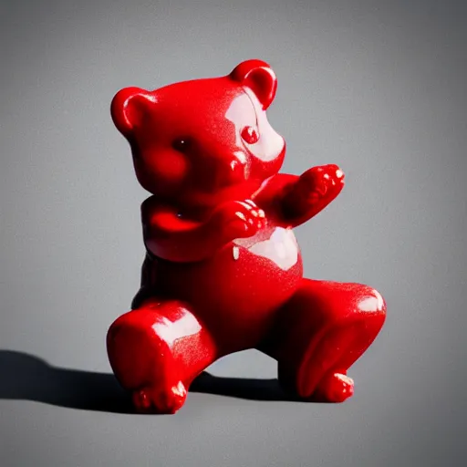 Image similar to gummy bear made from the sins of the father, dark, decrepit, war barren, red, lost, 4 k, octane render