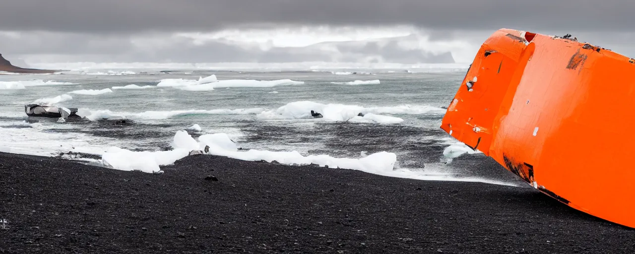 Image similar to cinematic shot of giant orange and white military spacecraft wreckage on an endless black sand beach in iceland with icebergs in the distance, 2 8 mm, shockwave