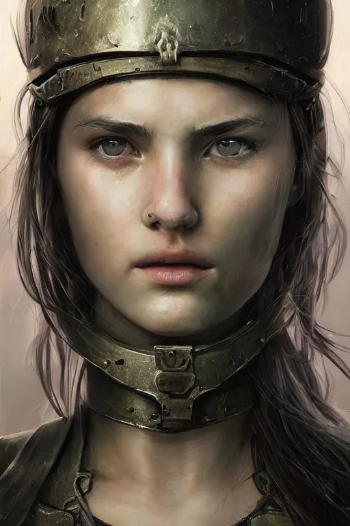 Image similar to a photorealistic painting of an attractive young girl, partially clothed in battle armor, olive skin, long dark hair, beautiful bone structure, symmetrical face, perfect eyes, intricate, elegant, digital painting, concept art, illustration, sharp focus, minimal artifacts, from Metal Gear, in the style of Ruan Jia and Mandy Jurgens, by Greg Rutkowski, trending on Artstation, award winning