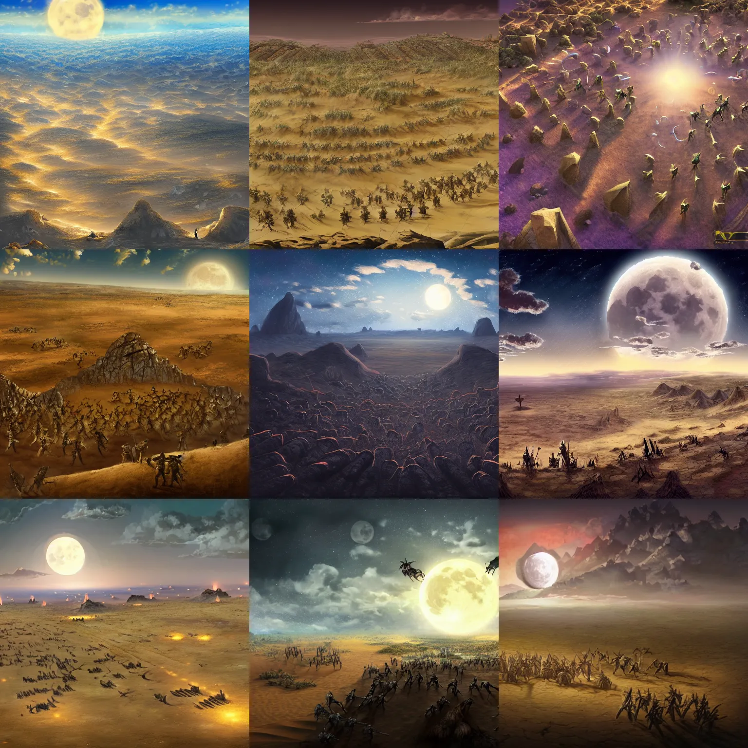 Prompt: two armies of liches fighting in a desert plateau, view from above, full moon, brightly lit, fantasy art, 8 k