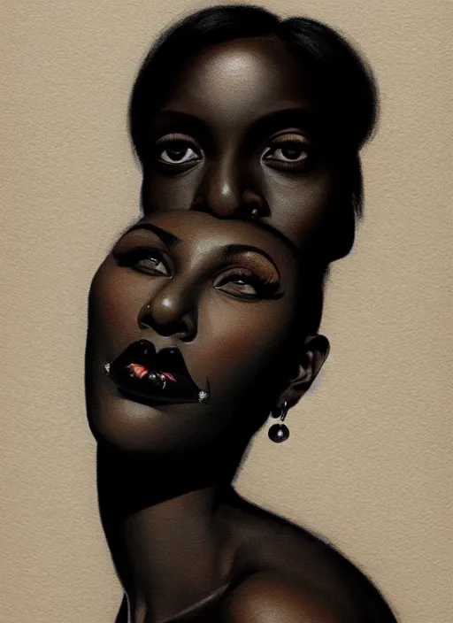 Image similar to portrait of a dark skinned woman with a crooked nose and a confident expression, 1 9 6 0 s, black clothes, goth, punk, funk, intricate, elegant, highly detailed, digital painting, artstation, concept art, smooth, sharp focus, illustration, art by wlop, mars ravelo and greg rutkowski