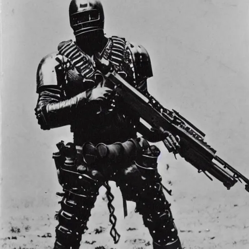 Image similar to old black and white photo, 1 9 1 3, depicting bruce willis in combat armor with guns, historical record, tentacles around