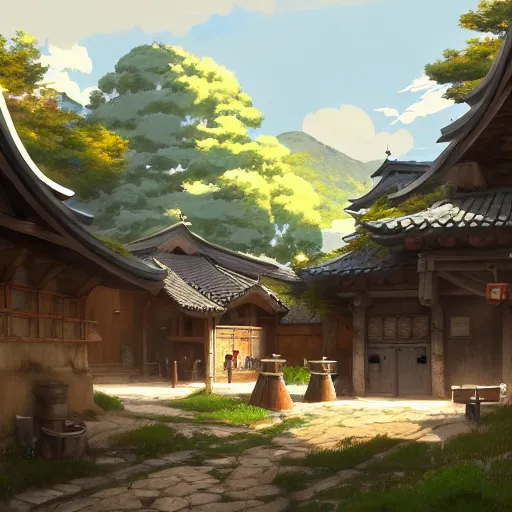 Prompt: concept art painting of a tavern with european and japanese architecture, in a small medieval village surrounded by trees, in a mountain valley, realistic, detailed, cel shaded, in the style of makoto shinkai and greg rutkowski and james gurney