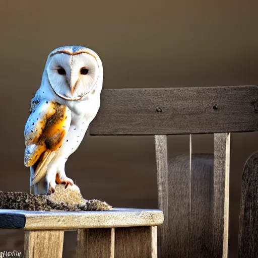 Prompt: barn owl standing in a chair at the beach, canon photo, very detailed, winning award photo, golden hour