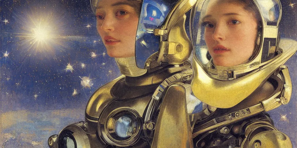 Image similar to portrait of a beautiful chrome female robot wearing a space helmet, reflections, mirroring, stars in space, rich clouds, warm azure tones, heavy lensflare, color bleed, film grain, depth of field, jules bastien - lepage, rudolph belarski, johfra bosschart, alexandre cabanel