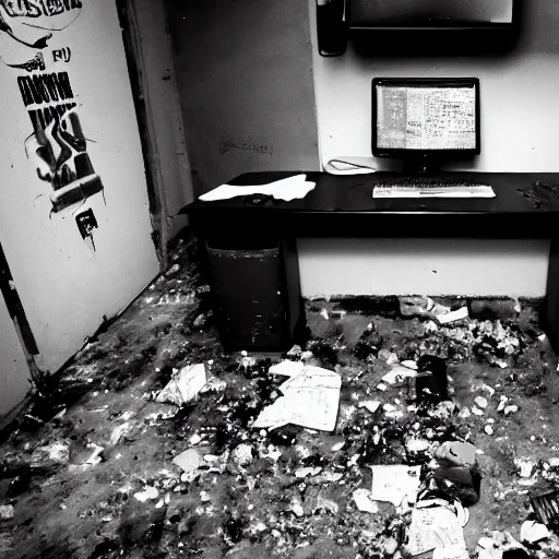 Prompt: filthy gross computer desk with computer monitor and keyboard covered in trash and filth and cigarette butts and beer cans and graffiti in a dark poorly lit room. 35mm film