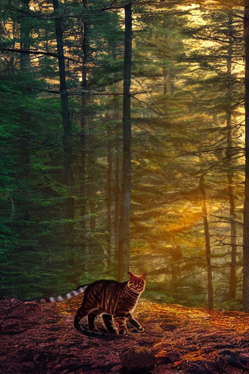 Prompt: A Maine forest with realistic cats roaming around beautiful lighting during golden hour. 50mm, f/1.8, Realistic details. Ultra HD. 8K V-ray. unity hdrp render. Professionally color graded. Concept art. Vibrant colors. fog. Bokeh