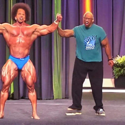 Prompt: BodyBuilder with EricAndre!! in his stomach, Screaming into Air, Bernie Sanders Supporters Cheering around him, 4K