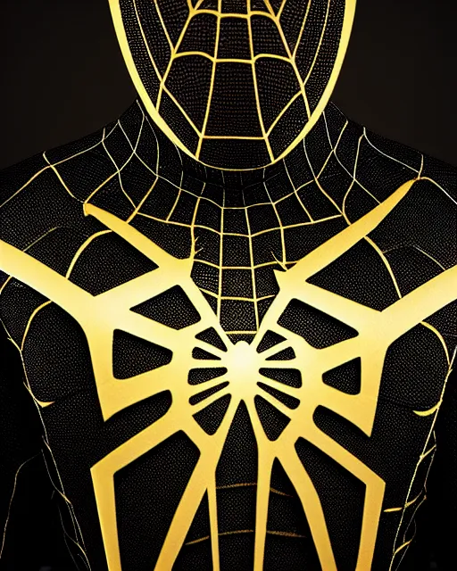 Image similar to photograph of a black and gold suit spider - man, dslr, cinematic, volumetric lighting, 8 k resolution, photorealistic, octane render, 3 d render