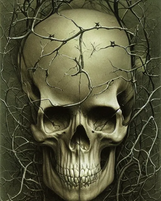 Prompt: skull, ivy, death, scifi by zdislaw beksinski