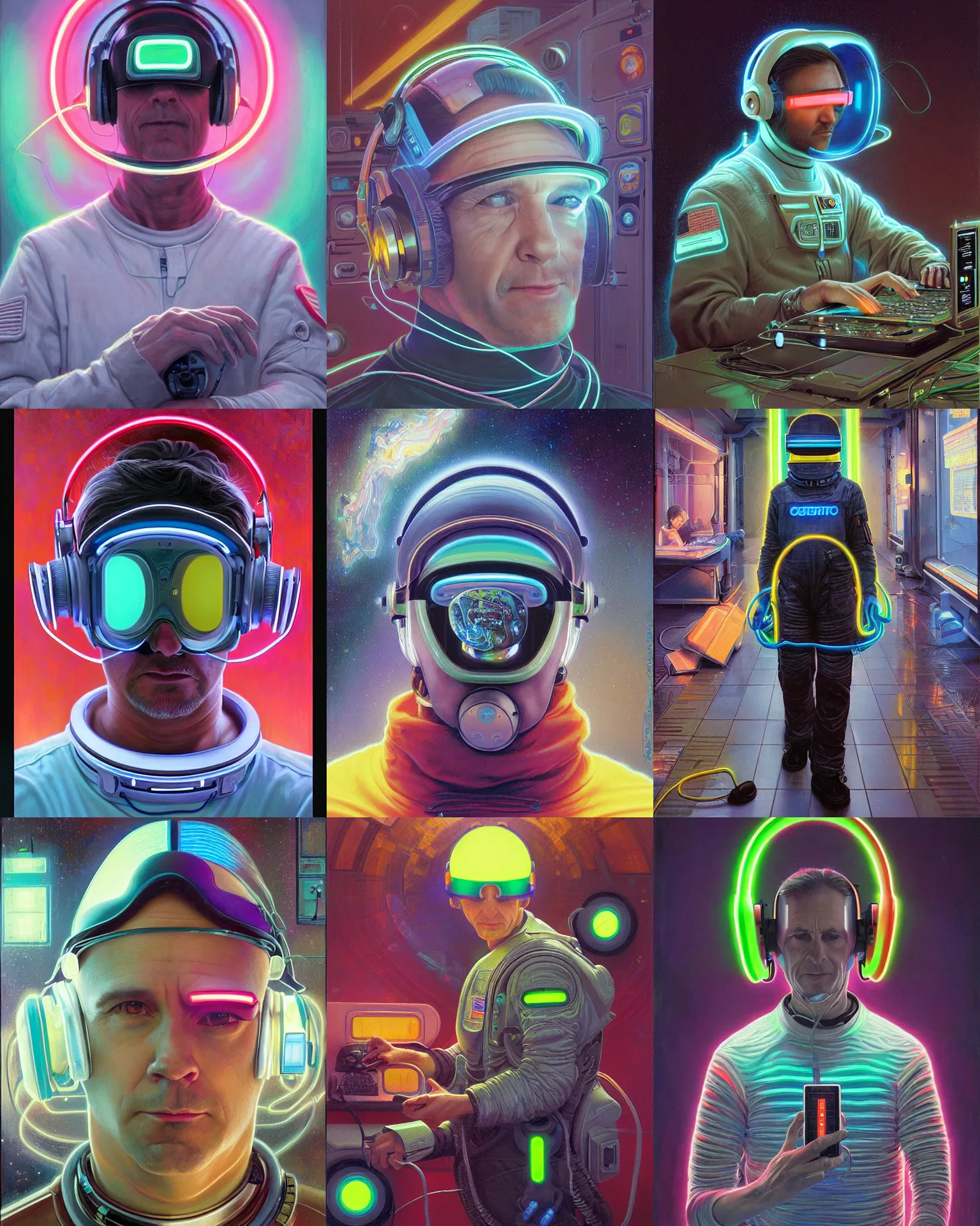 Prompt: future coder, graying hair, glowing visor over eyes and sleek neon headphones desaturated painting by donato giancola, dean cornwall, rhads, tom whalen, alex grey, alphonse mucha, astronaut cyberpunk electric fashion photography