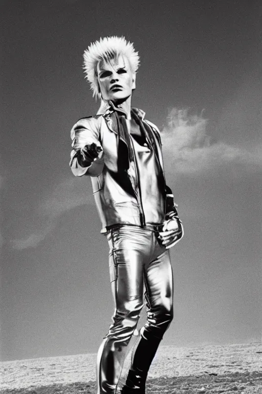 Prompt: portrait billy idol dressed in 1 9 8 1 space fantasy fashion, new wave, minimal, shiny metal, standing in a desert