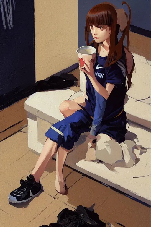 Image similar to A ultradetailed beautiful panting of a stylish girl sitting on the floor of a messy apartment, she is wearing an oversized Nike jacket, she is holding a Styrofoam cup, Oil painting, by Ilya Kuvshinov, Greg Rutkowski and Makoto Shinkai