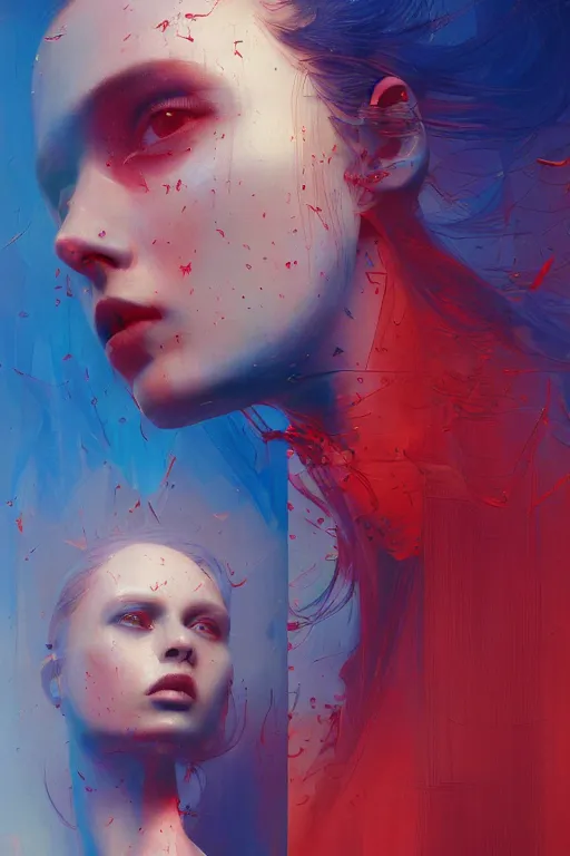 Image similar to 3 d, sci - fi, sun rays, sleepy fashion model face, blue faces, cinematic, vogue cover style, poster art, light red and deep blue mood, realistic painting, intricate oil painting, high detail, figurative art, multiple exposure, poster art, 3 d, by tooth wu and wlop and beeple and greg rutkowski