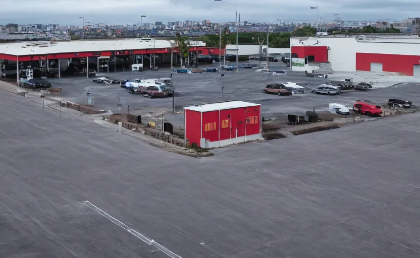 Prompt: industrial grey metal warehouse complex, large empty parking lot in front of it, in the center of the warehouse is a fast food restaurant with neon signs, sea in the background