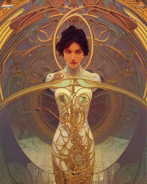 Image similar to future of humanity | highly detailed | very intricate | art nouveau | gold filigree | cybernetic storybook fantasy | soft cinematic lighting | award - winning | painted by mandy jurgens and alphonse mucha and alena aenami | pastel color palette | featured on artstation