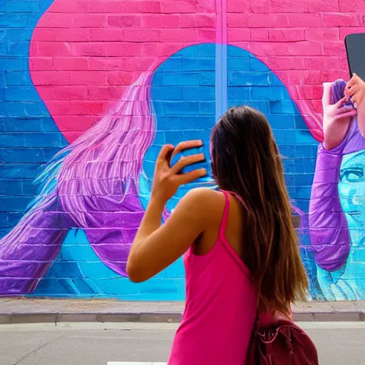 Prompt: A girl taking a selfie in front of a giant mural that says 'Back to Reality'