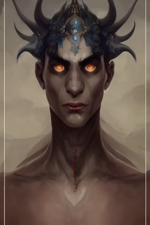 Image similar to djinn man male demon, portrait, full body character concept art, costume design, illustration, white horns from eyebrows, single face, cinematic color grading, editorial photo, fashion, hyperrealism, trending on artstation, Charlie Bowater, WLOP