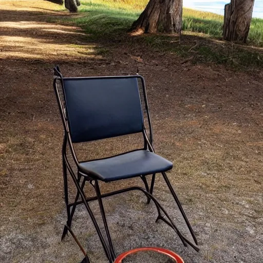 Prompt: a chair with short spears sticking out of the seat. long shot