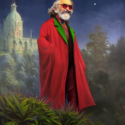 Image similar to stoner King Tommy Chong wears a doublet whilst wearing a red velvet cape and OG Kush Indica cannabis crown alexanre benois edward julius detmold jehan choo jeff simpson raphael lacoste guillem h. pongiluppi grisaille