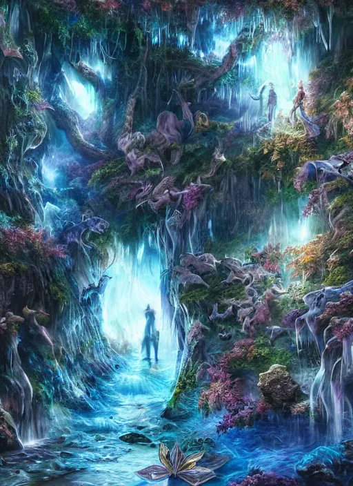 Image similar to photo of magical crystal cave, realistic, sharp focus, 8 k high definition, insanely detailed, intricate, elegant, art by stanley lau and artgerm