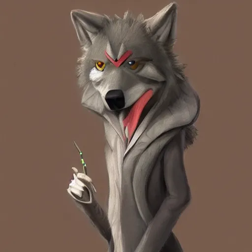 Prompt: A Detailed Award Winning Masterpiece trending on artstation of an Anthropomorphic Wolf smoking a joint,