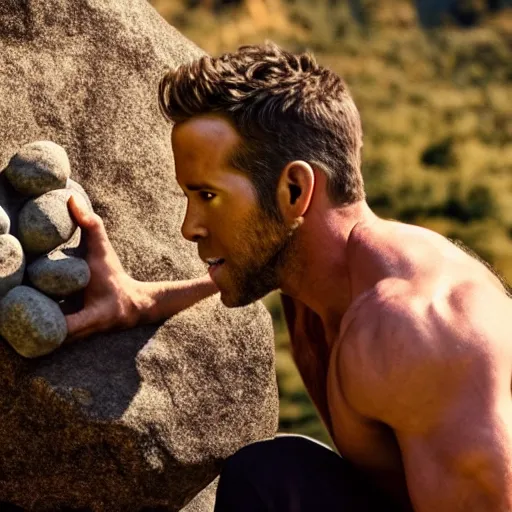 Image similar to photo of ryan reynolds eating a boulder, highly detailed, extremely high quality, hd, 4 k, 8 k, professional photographer, 4 0 mp, lifelike, top - rated, award winning, realistic, detailed lighting, detailed shadows, sharp, no blur, edited, corrected, trending