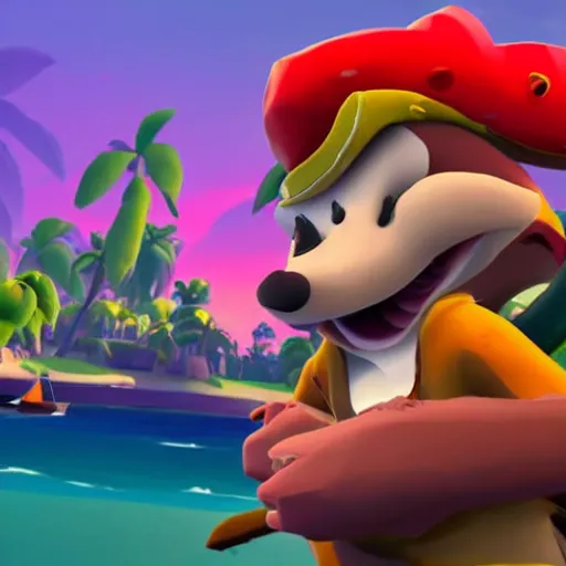 Prompt: hedgehog playing golf in sea of thieves, hedgehog wearing a pirate hat, cute, colourful, happy, adorable