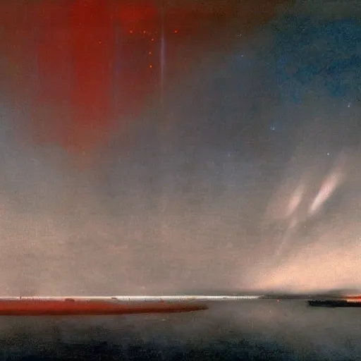 Image similar to the epic abstract painting'blue arctic void with black and red aurora borealis above a tiny inuit village ', by caspar david friedrich!!!, by rothko!!!, stunning masterpiece, trending on artstation