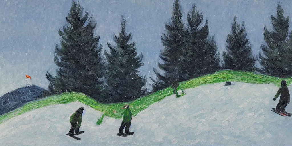 Image similar to pepe the frog snowboarding, gloomy landscape, expressive oil painting by christopher radlund and camille pissaro