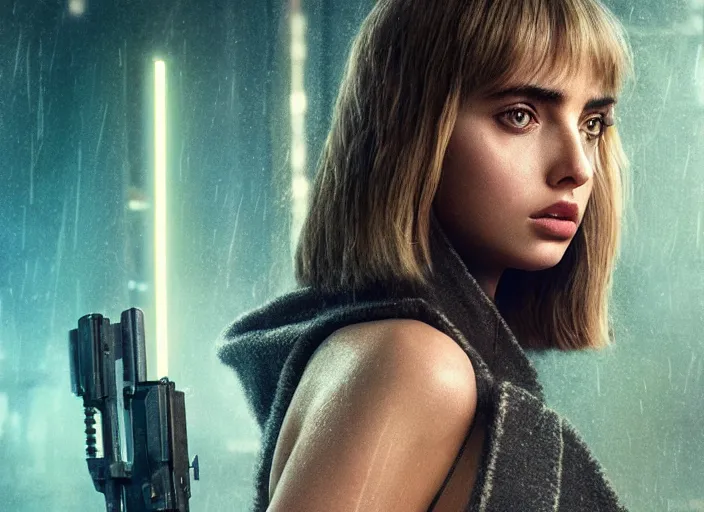 Image similar to Ana de Armas in blade runner 2049, with laser cannon 8k trending on artstation, unreal engine