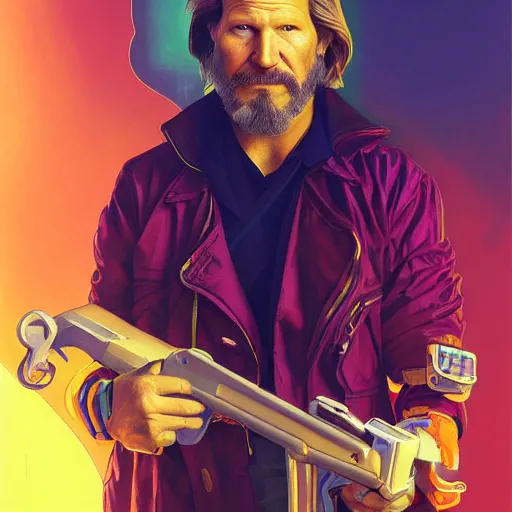 Image similar to high quality illustration, jeff bridges lebowsky realistic portrait, by etam cru, cyberpunk, alphonse mucha, riot game, beautiful, epic camera, colorful background, arcane, league of legend, digital painting, dynamic colors, artstation, concept art, graffiti, neon