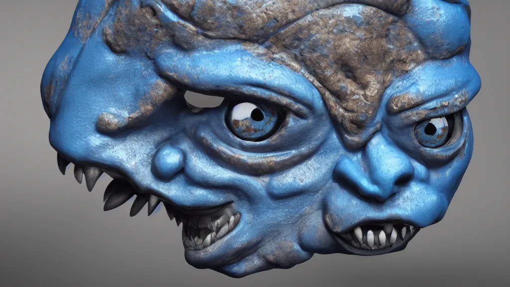 Image similar to a photorealistic blue japanese oni mask, japanese pottery, colorful, metal, trending on cgsociety, sharp focus, ultra realistic details, cinematic atmosphere, global illumination, shadows, octane render, 8 k