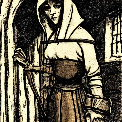 Prompt: peasant woman in medieval tavern dark fantasy art