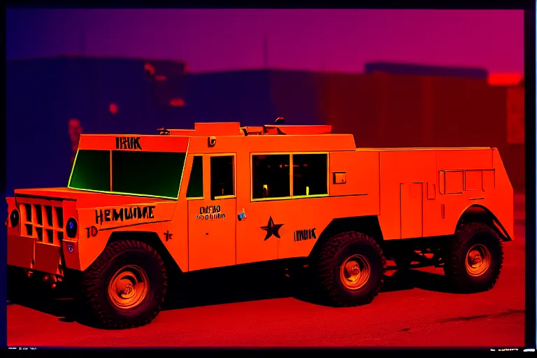 Image similar to stylized poster of a humvee concept, thick neon lights, ektachrome photograph, volumetric lighting, f 8 aperture, cinematic eastman 5 3 8 4 film