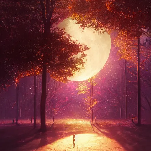 Prompt: Tree filled surface of the moon, intricate, elegant, fantasy, highly detailed, digital painting, concept art, sharp focus, illustration, beautiful volumetric lighting, epic light, artstation, magic hour lighting, colorful, sunshine, springtime, art by Sylvain Sarrailh