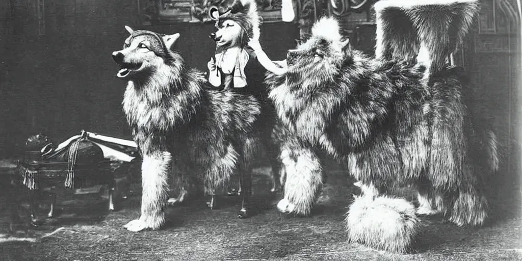 Prompt: anthropomorphic furry wolf at the worlds fair, 1900s photograph