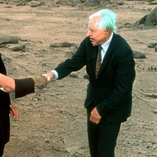 Prompt: Sir David Attenborough shaking hands with a Martian alien