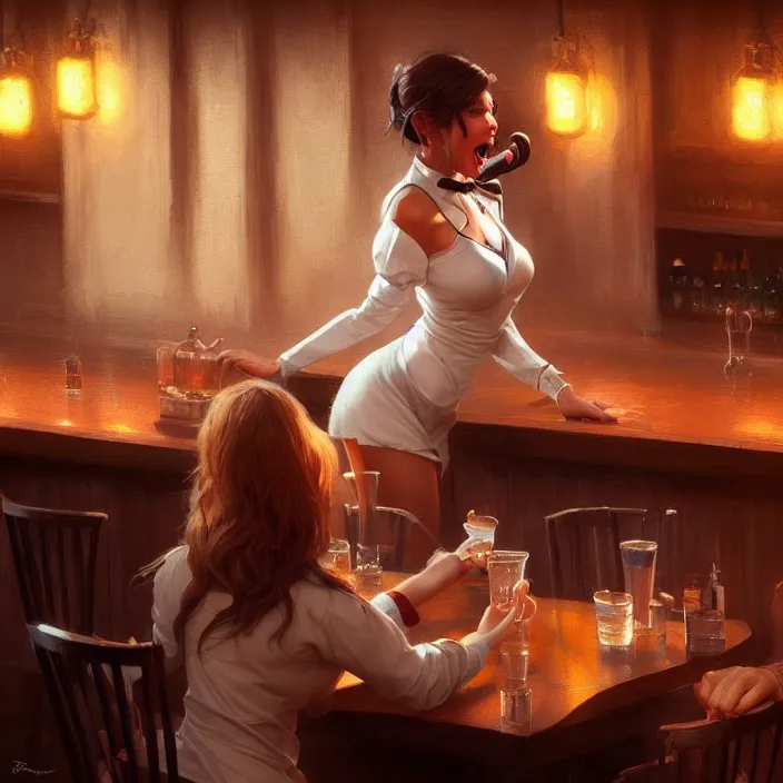 Image similar to a waitress singing on a table in a bar, elegant, real life skin, intricate artwork, high detailed, artstation, concept art, smooth, sharp focus, art by artgerm and greg rutkowski